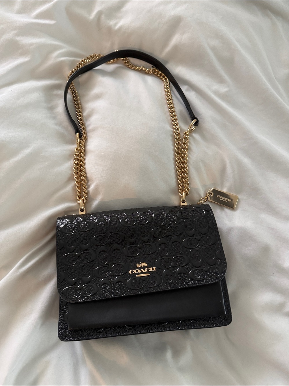Coach Black Patent Signature Chain Shoulder Bag with Gold Hardware